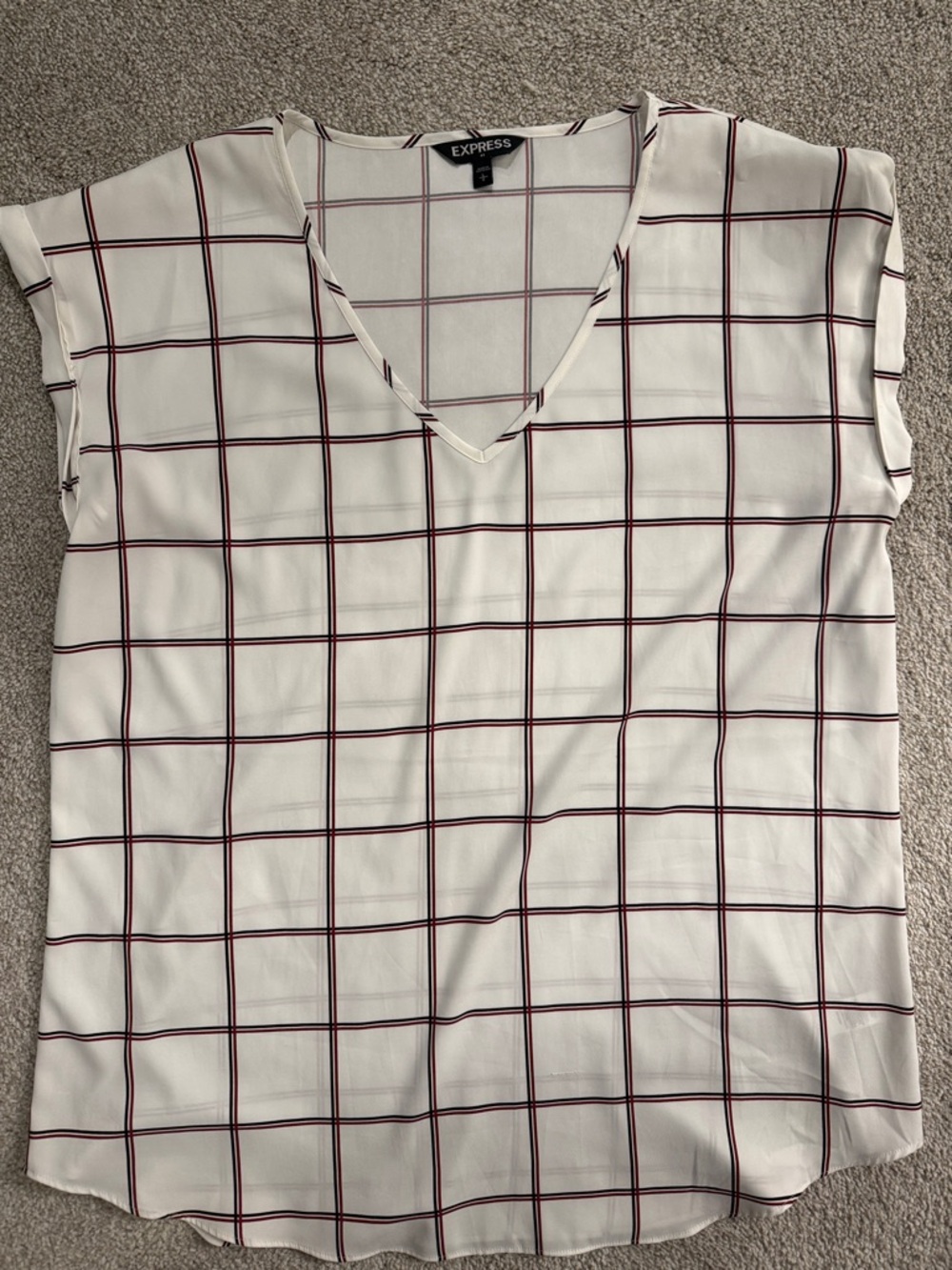 Express Gramercy V-Neck Windowpane Blouse - Red/Black Grid